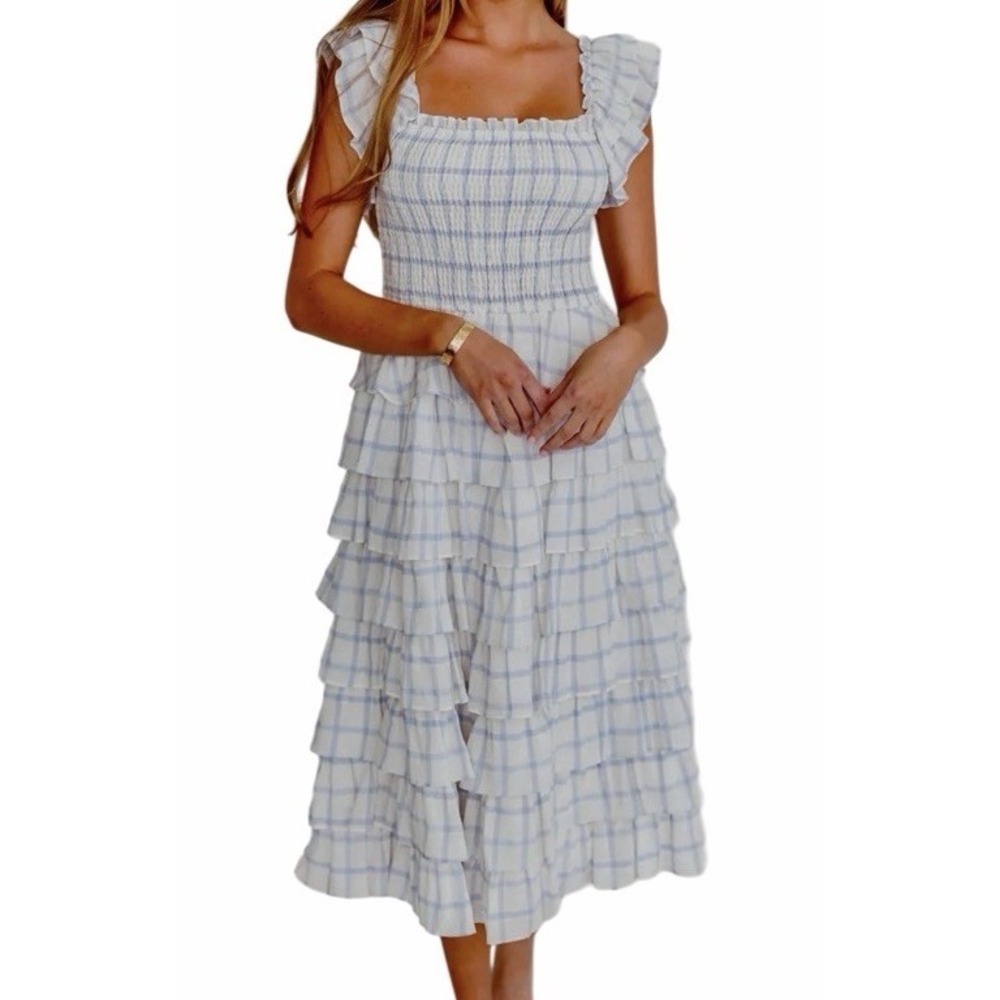 Storia Adelynn Ruffle Midi Dress S Blue White Plaid Smocked Cottagecore Prairie - Picture 3 of 11